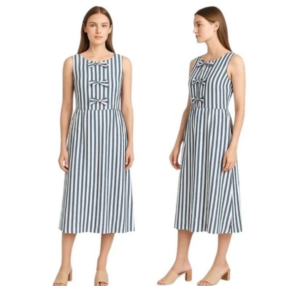 Joie Blue & White Striped Bow Detail Midi Dress Large - Picture 1 of 4